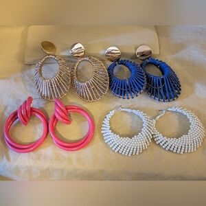 Elegant Gold, Blue, Pink, and White Vacation Statement Earrings 4 Pr New